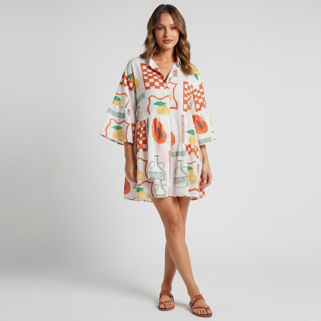 Women's Printed Dress – Loose Fit with Layered Hem and 3/4 Sleeve