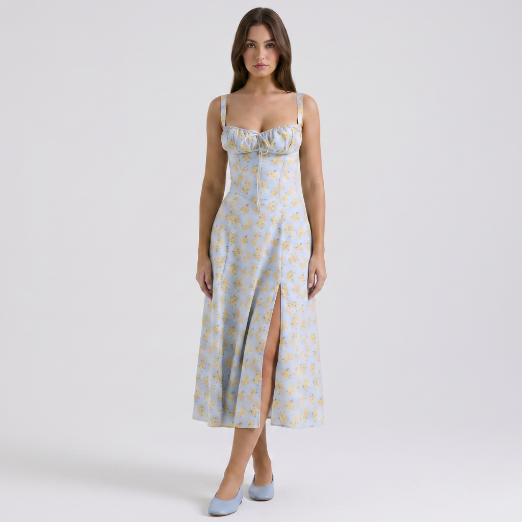 Alicja | Women's Midi Dress with Puff Sleeves – Square Neckline and Flared Cut