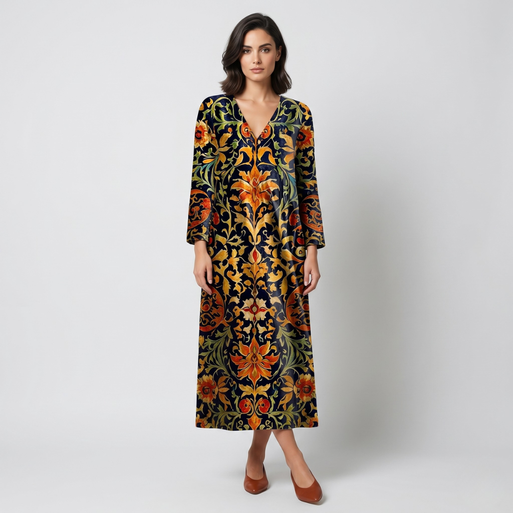 Kasia | Women's Printed Midi Dress – Sweetheart Neckline and Long Sleeves for Everyday Wear