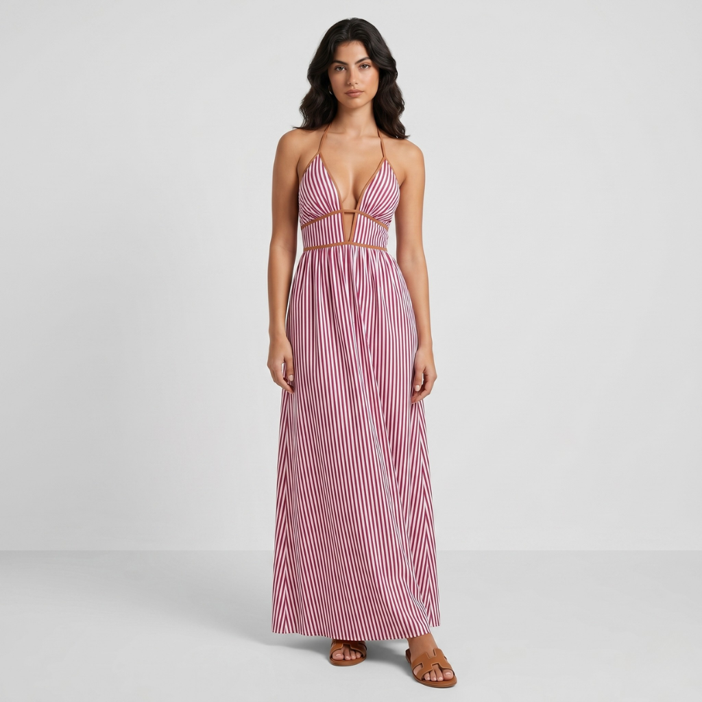 Maja | Women's Striped Maxi Dress – Halter Neckline and Light Summer Cut