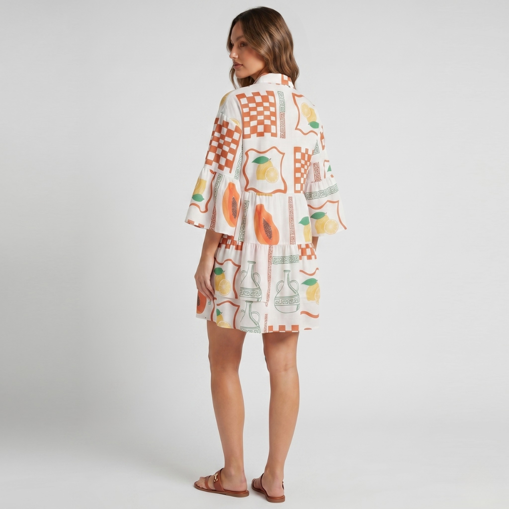 Women's Printed Dress – Loose Fit with Layered Hem and 3/4 Sleeve