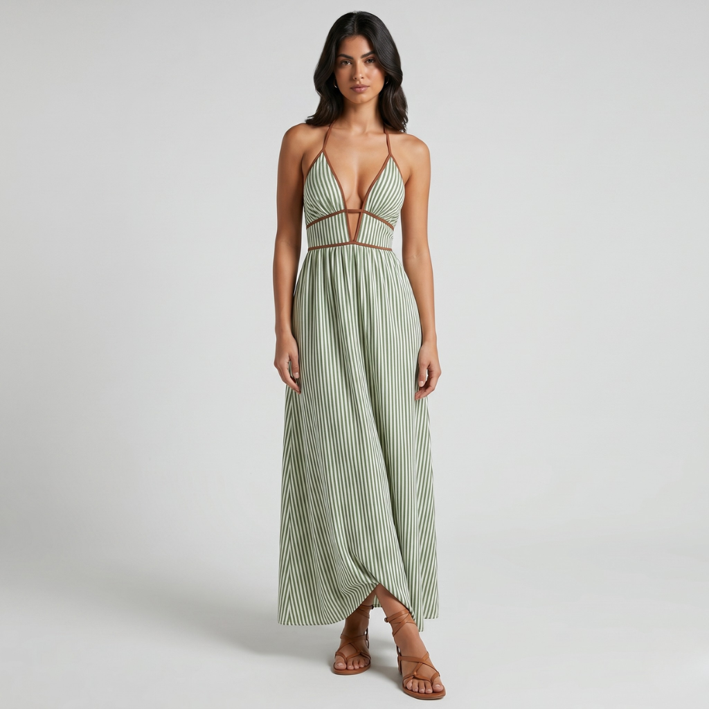 Maja | Women's Striped Maxi Dress – Halter Neckline and Light Summer Cut