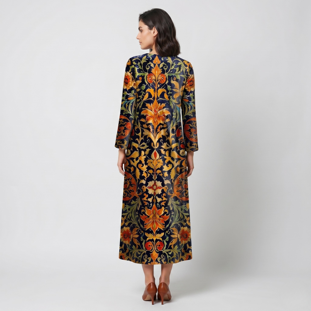 Kasia | Women's Printed Midi Dress – Sweetheart Neckline and Long Sleeves for Everyday Wear