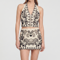 Women's Top and Skirt Set – Embroidered Pattern with Neck Tie