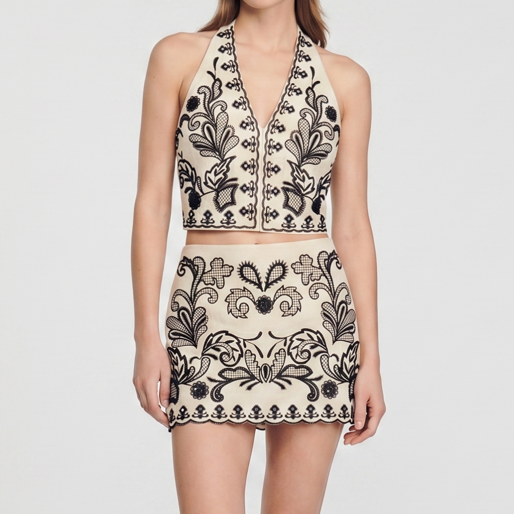 Women's Top and Skirt Set – Embroidered Pattern with Neck Tie