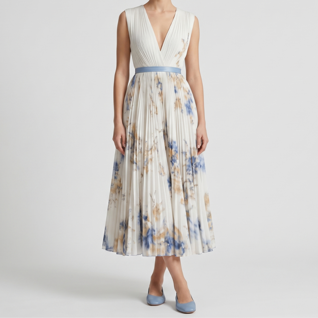 Aniela | Women's Pleated Midi Dress – Sweetheart Neckline and Floral Print