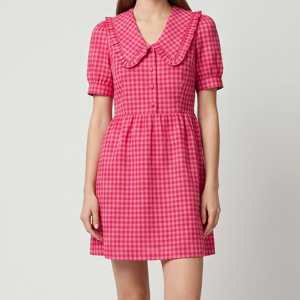 Pia | Women's Plaid Dress – Ruffle Collar and Short Sleeves
