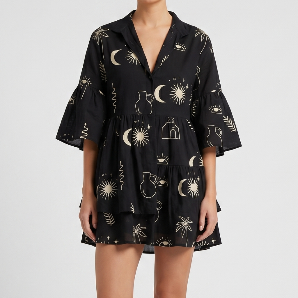 Women's Printed Dress – Loose Fit with Layered Hem and 3/4 Sleeve