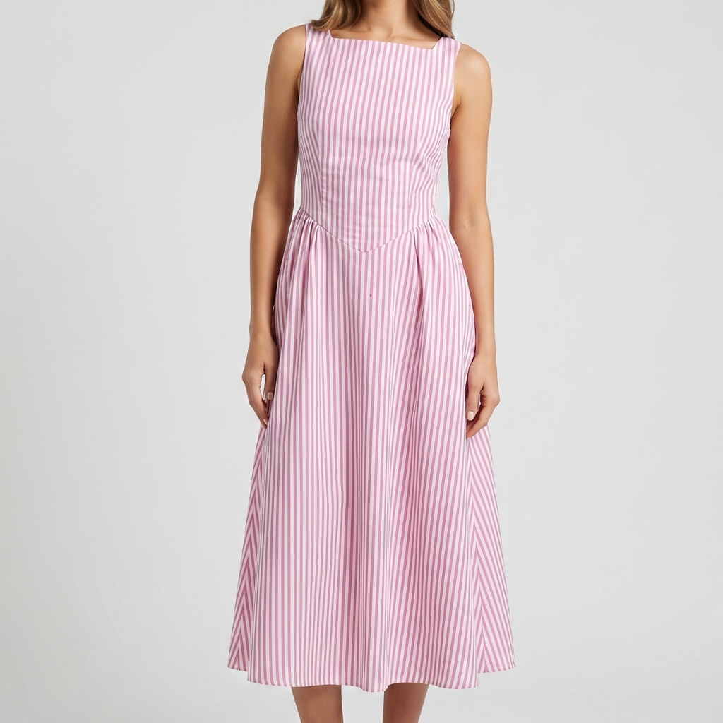 Nasha | Women's Striped Midi Dress – Sleeveless with Flared Hem
