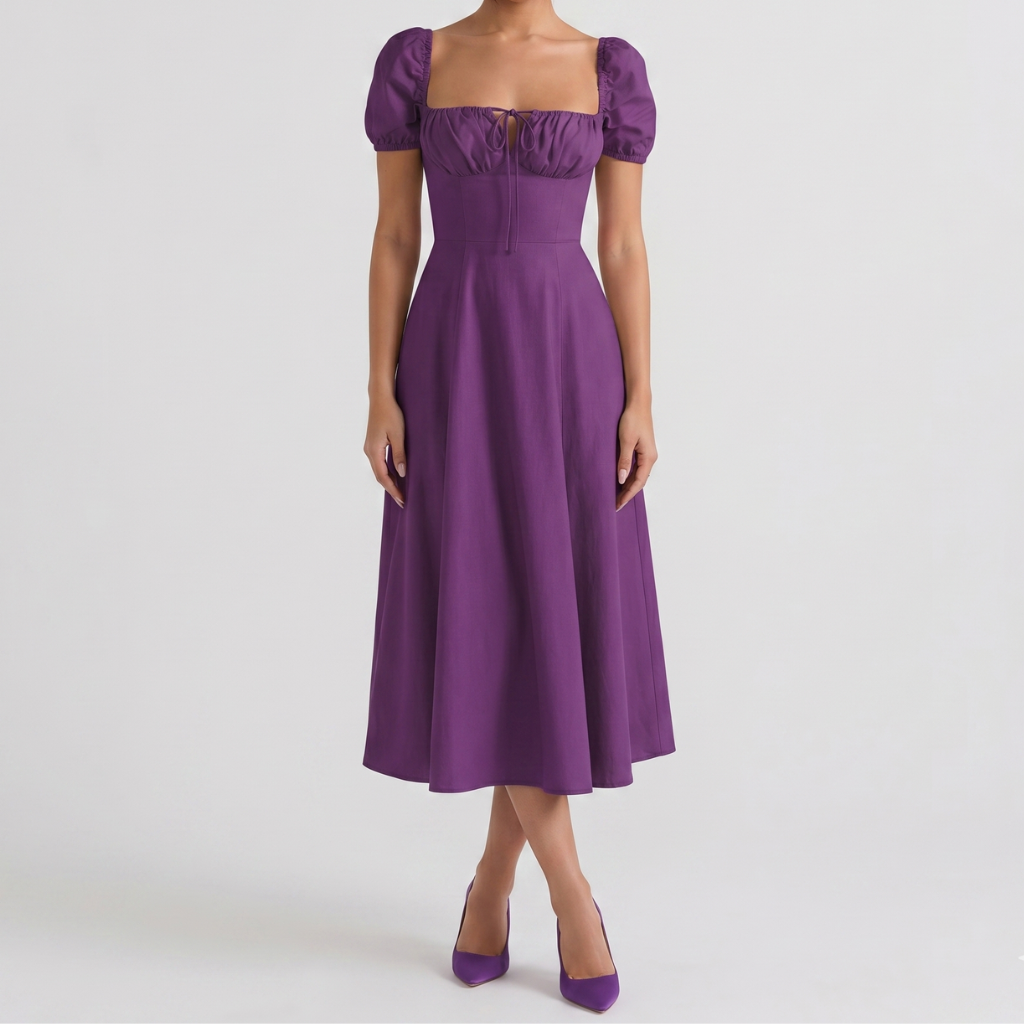 Alicja | Women's Midi Dress with Puff Sleeves – Square Neckline and Flared Cut
