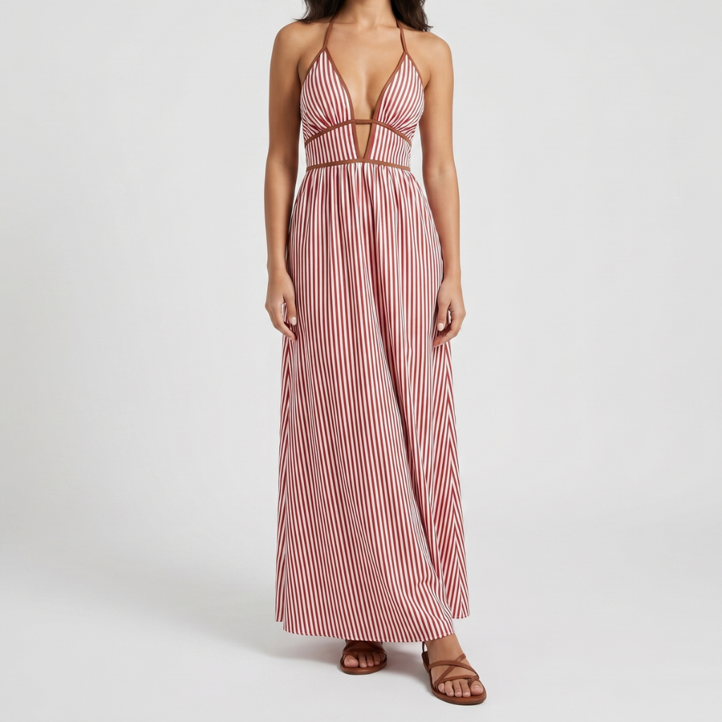 Maja | Women's Striped Maxi Dress – Halter Neckline and Light Summer Cut