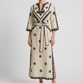 Women's Long Embroidered Dress – Waist Tie and 3/4 Sleeve