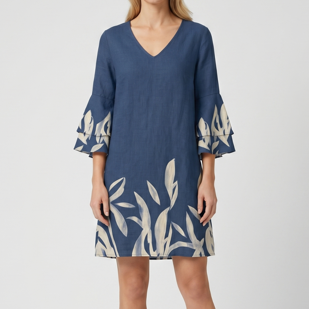 Diane | Women's Dress with Leaf Print – Sweetheart Neckline and 3/4 Sleeve