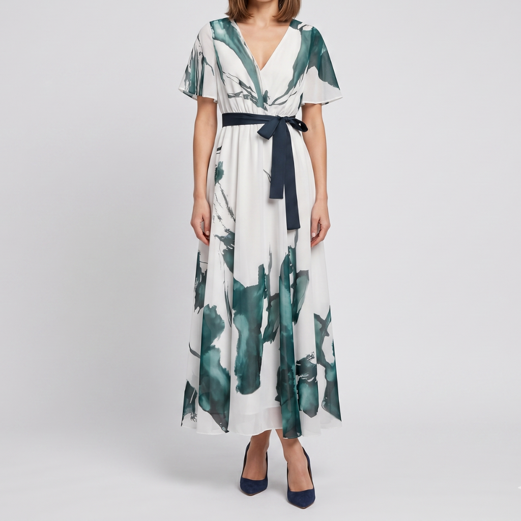 Danuta | Women's Maxi Dress with Print – Sweetheart Neckline and Waist Tie