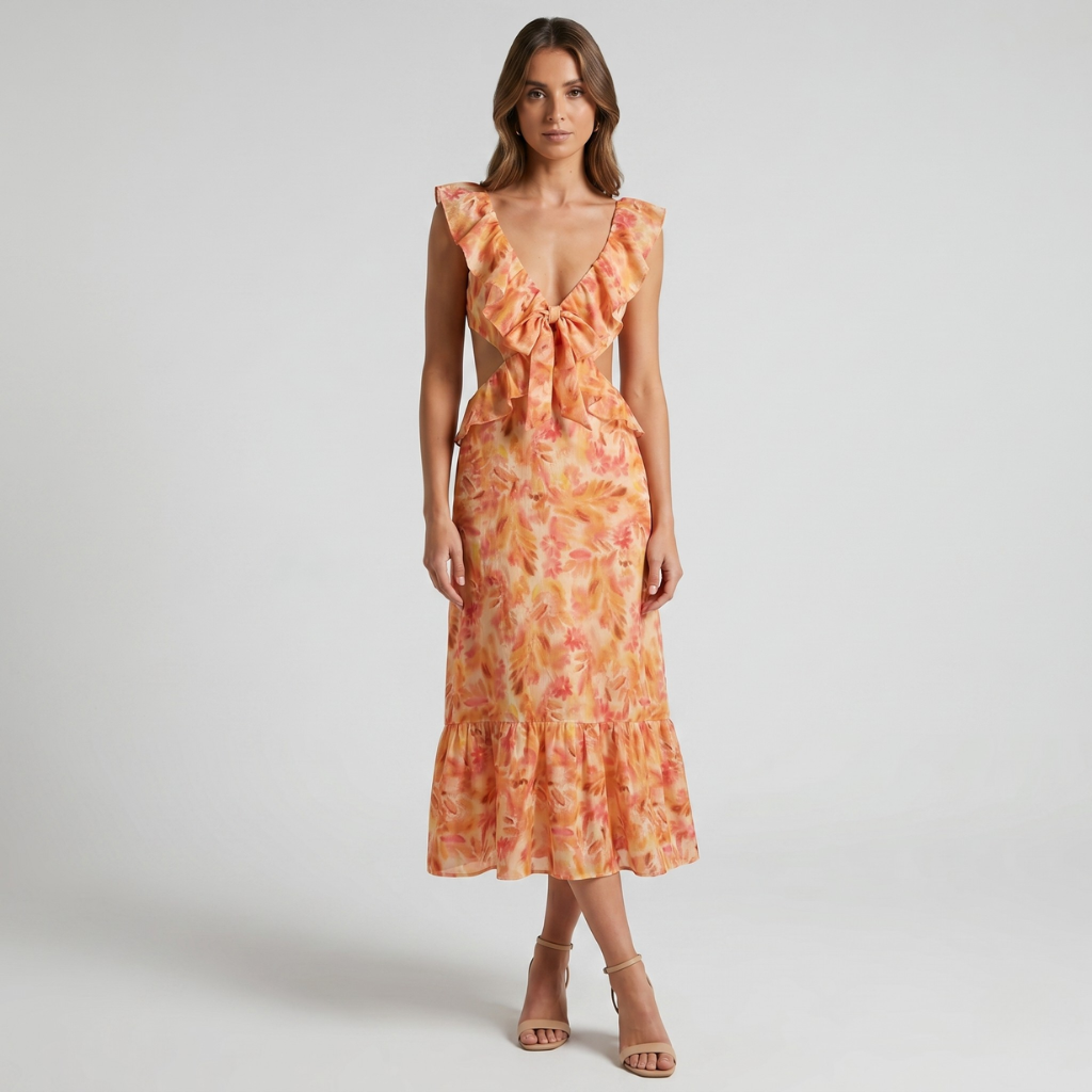 Irena | Women's Floral Midi Dress – Ruffles and Sweetheart Neckline for Summer