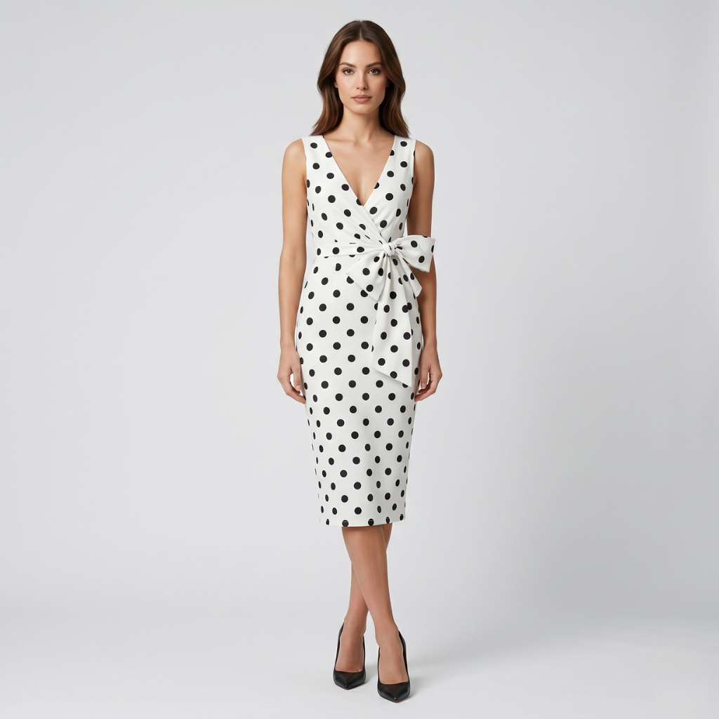 Miya | Women's Polka Dot Midi Dress – Wrap Neckline and Waist Tie
