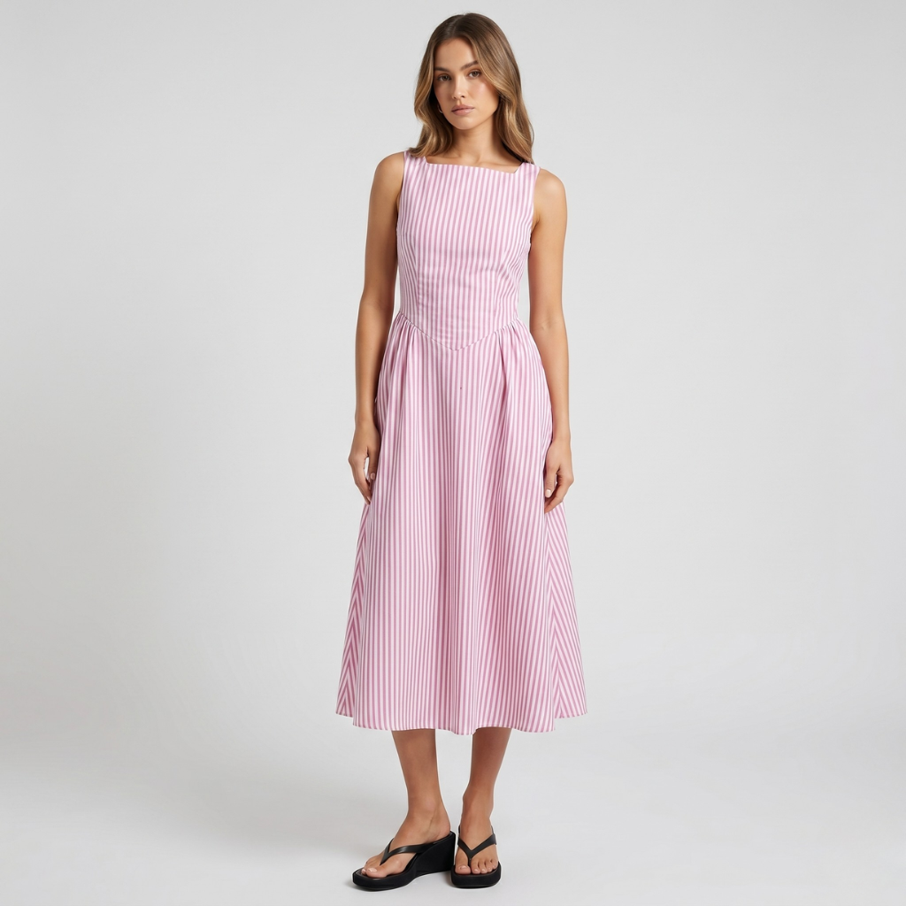 Nasha | Women's Striped Midi Dress – Sleeveless with Flared Hem