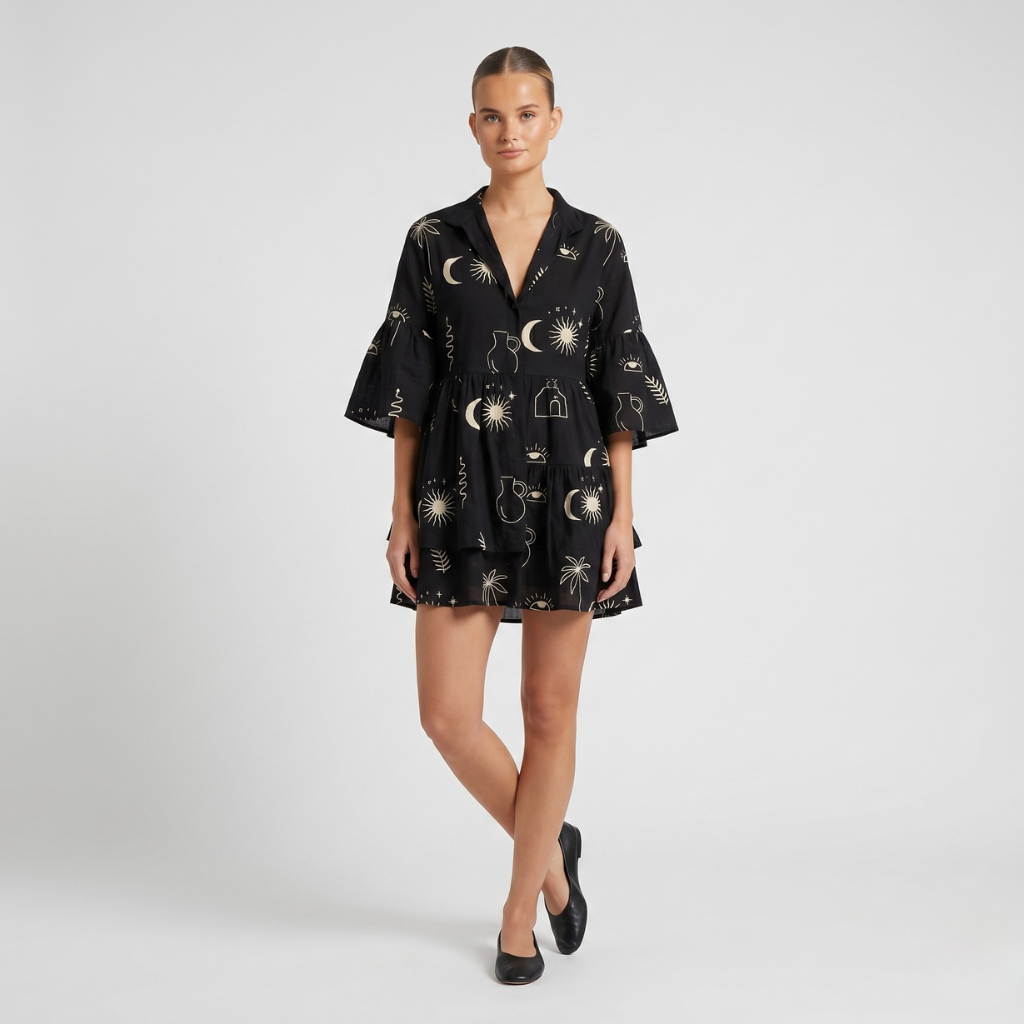Women's Printed Dress – Loose Fit with Layered Hem and 3/4 Sleeve