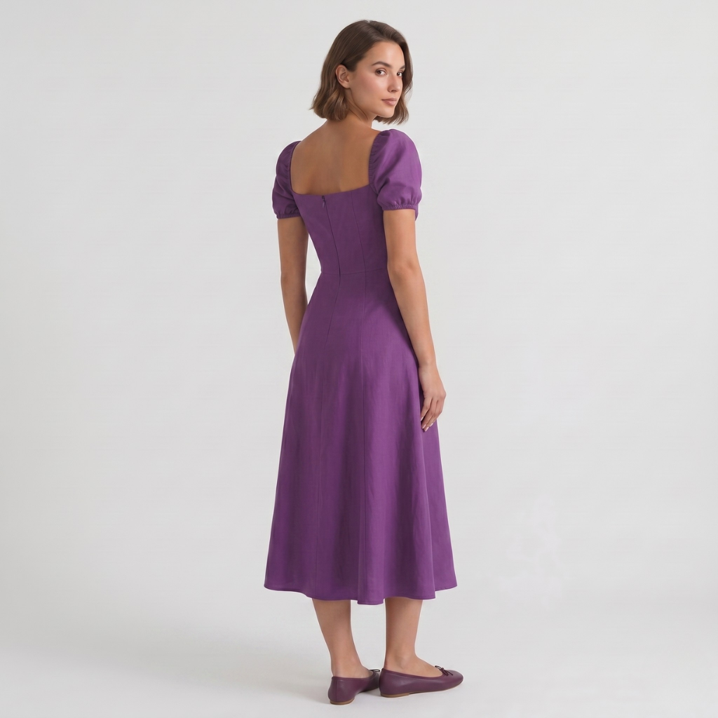 Alicja | Women's Midi Dress with Puff Sleeves – Square Neckline and Flared Cut