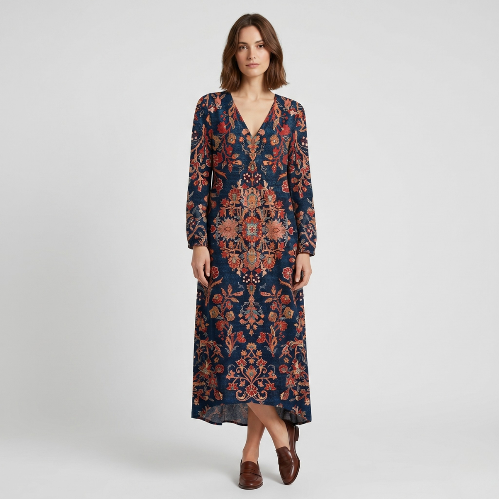 Kasia | Women's Printed Midi Dress – Sweetheart Neckline and Long Sleeves for Everyday Wear