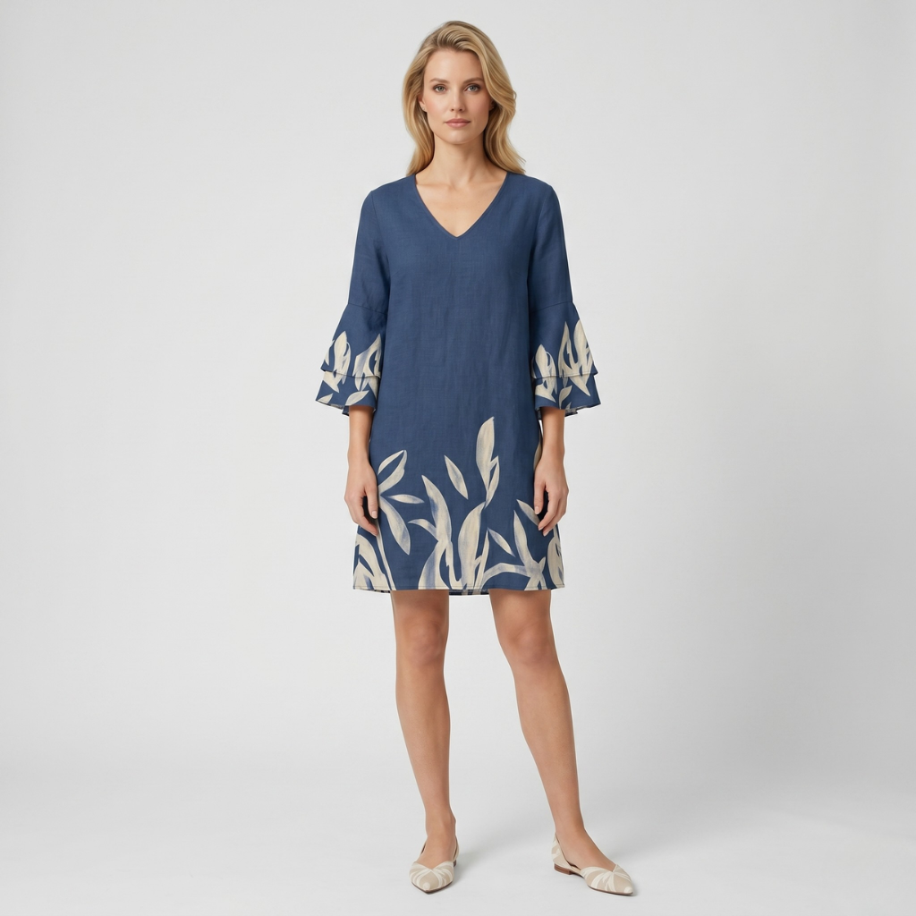 Diane | Women's Dress with Leaf Print – Sweetheart Neckline and 3/4 Sleeve