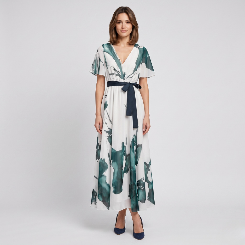 Danuta | Women's Maxi Dress with Print – Sweetheart Neckline and Waist Tie