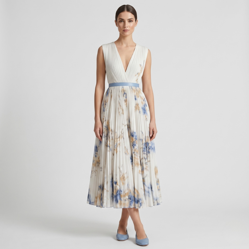 Aniela | Women's Pleated Midi Dress – Sweetheart Neckline and Floral Print