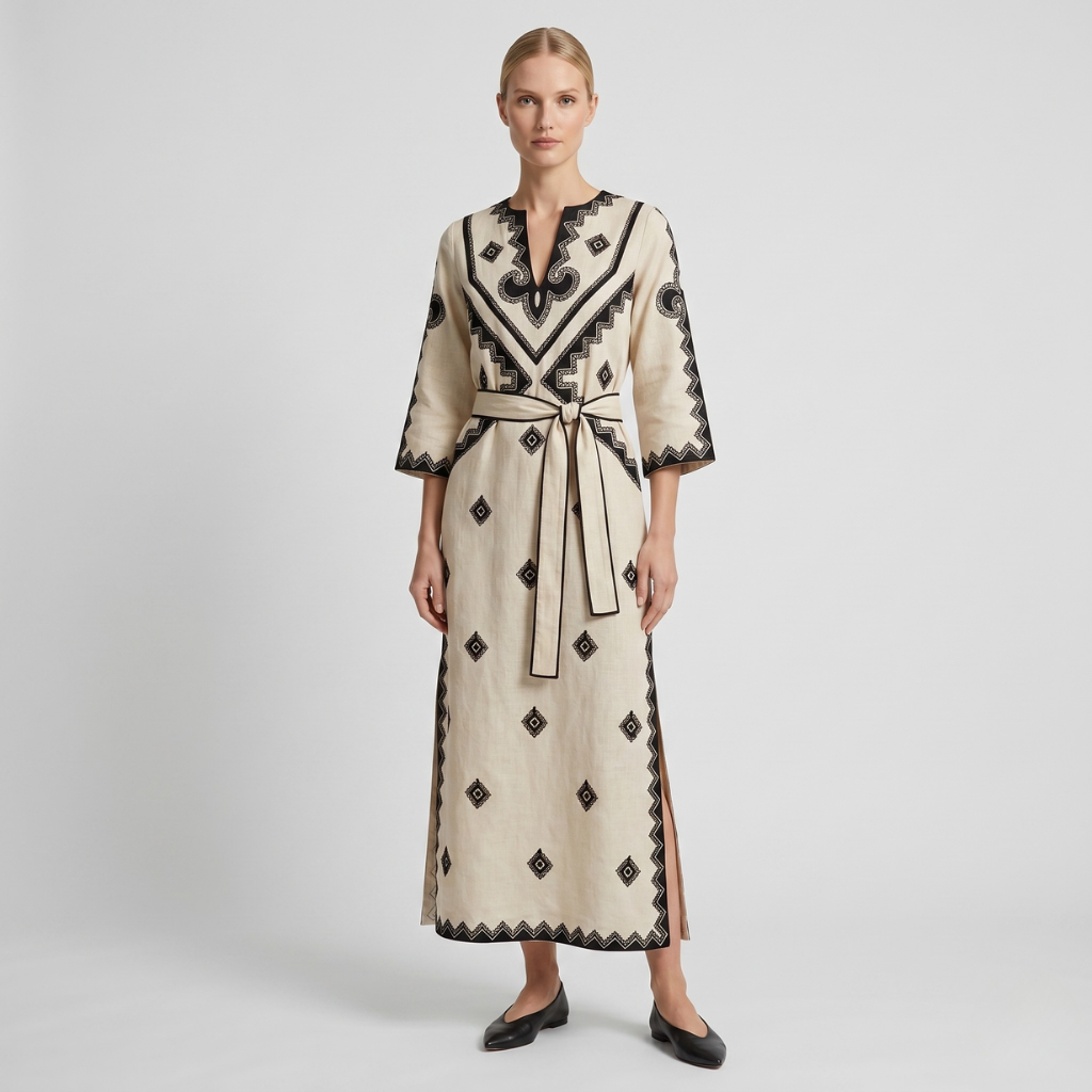 Women's Long Embroidered Dress – Waist Tie and 3/4 Sleeve