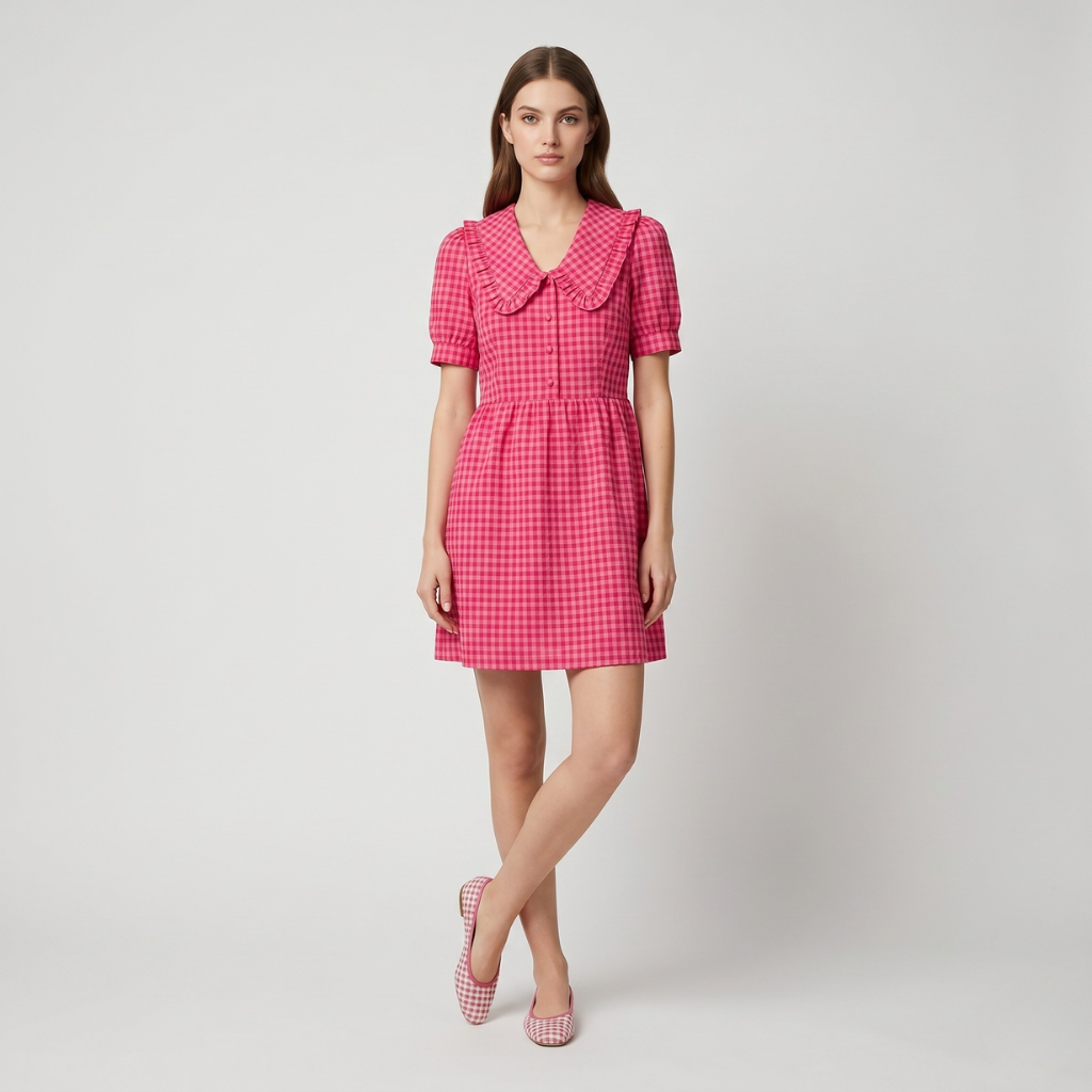 Pia | Women's Plaid Dress – Ruffle Collar and Short Sleeves