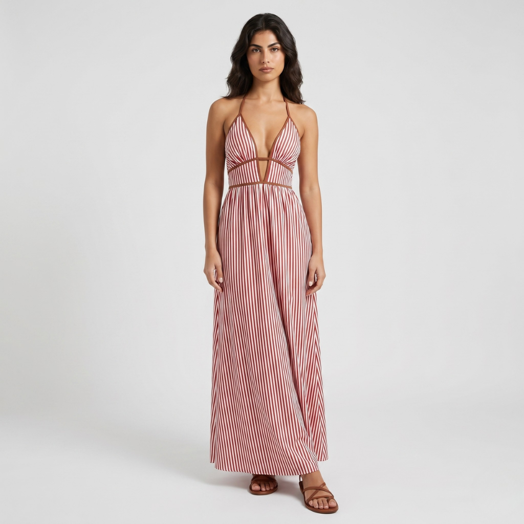 Maja | Women's Striped Maxi Dress – Halter Neckline and Light Summer Cut
