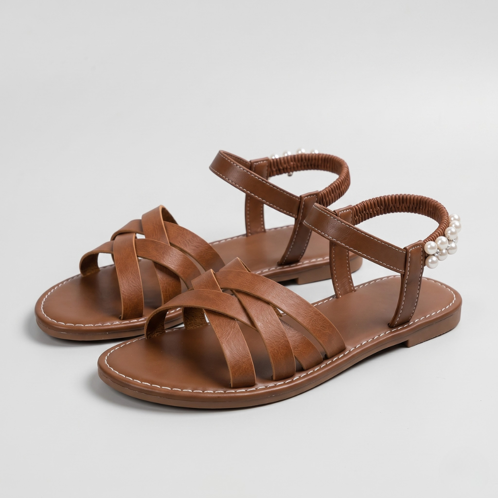 Shana | Women's Crossover Strap Sandals – Elastic Strap with Decorative Pearls