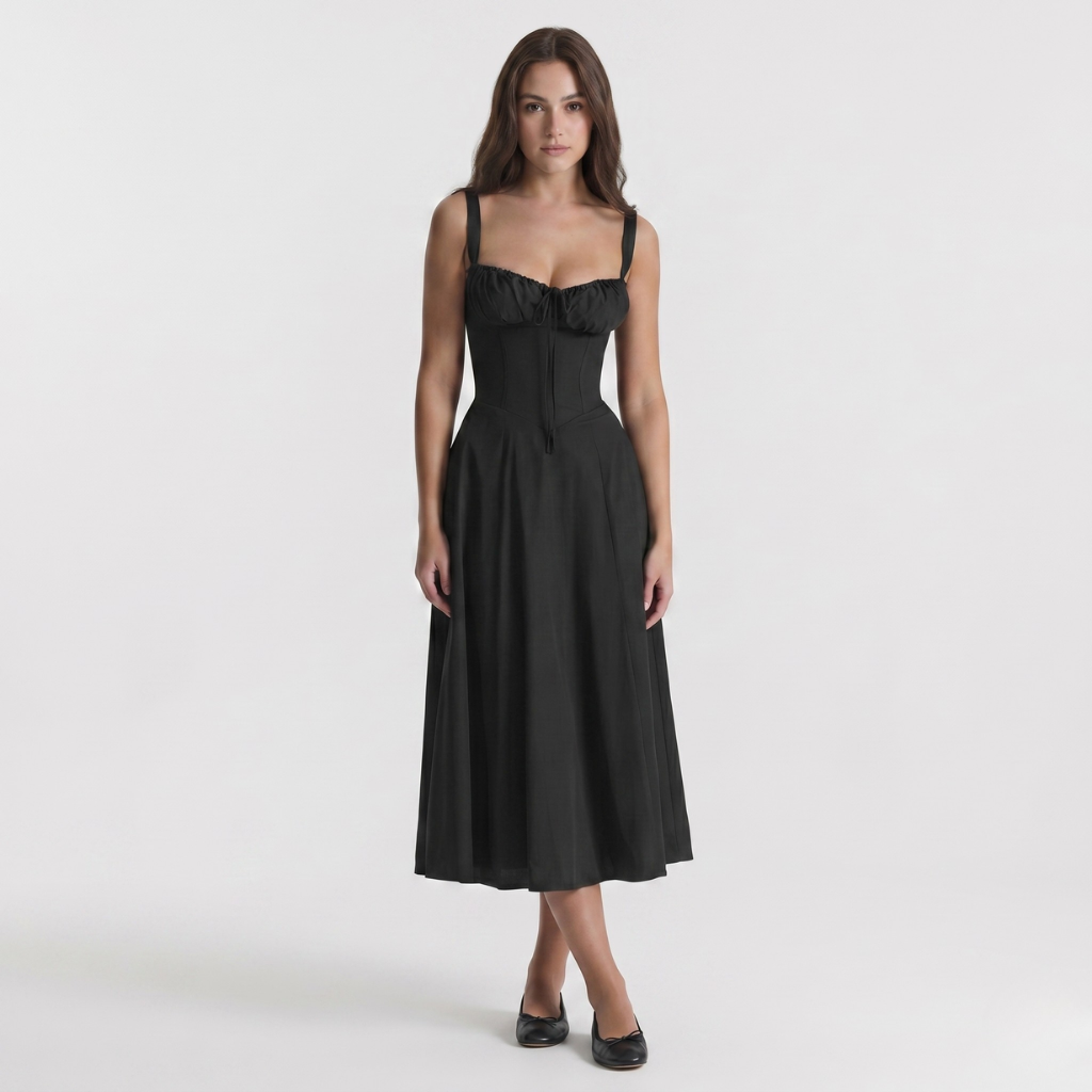 Alicja | Women's Midi Dress with Puff Sleeves – Square Neckline and Flared Cut