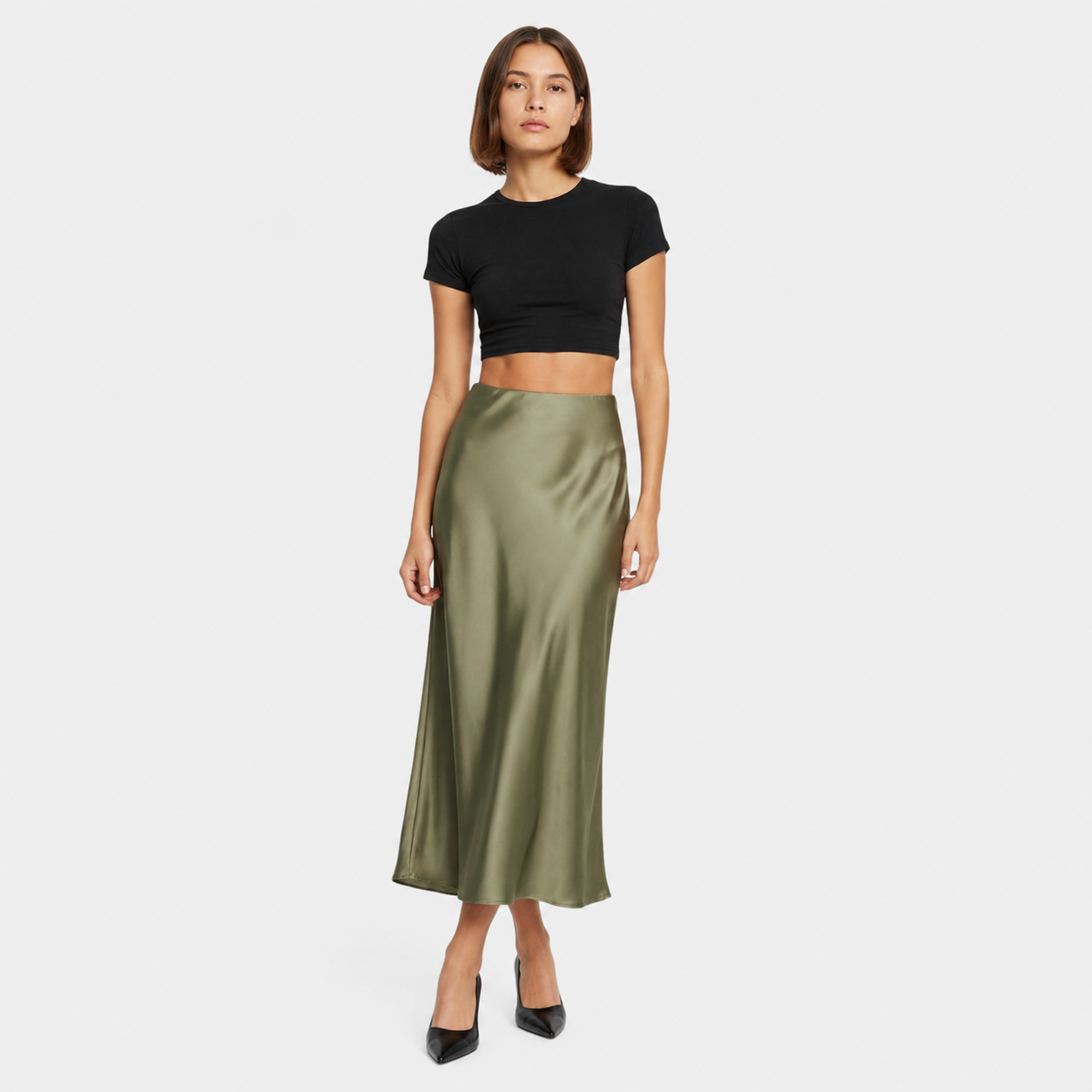 Ria | Women's Midi Skirt with Satin Finish – Lightweight Everyday Cut
