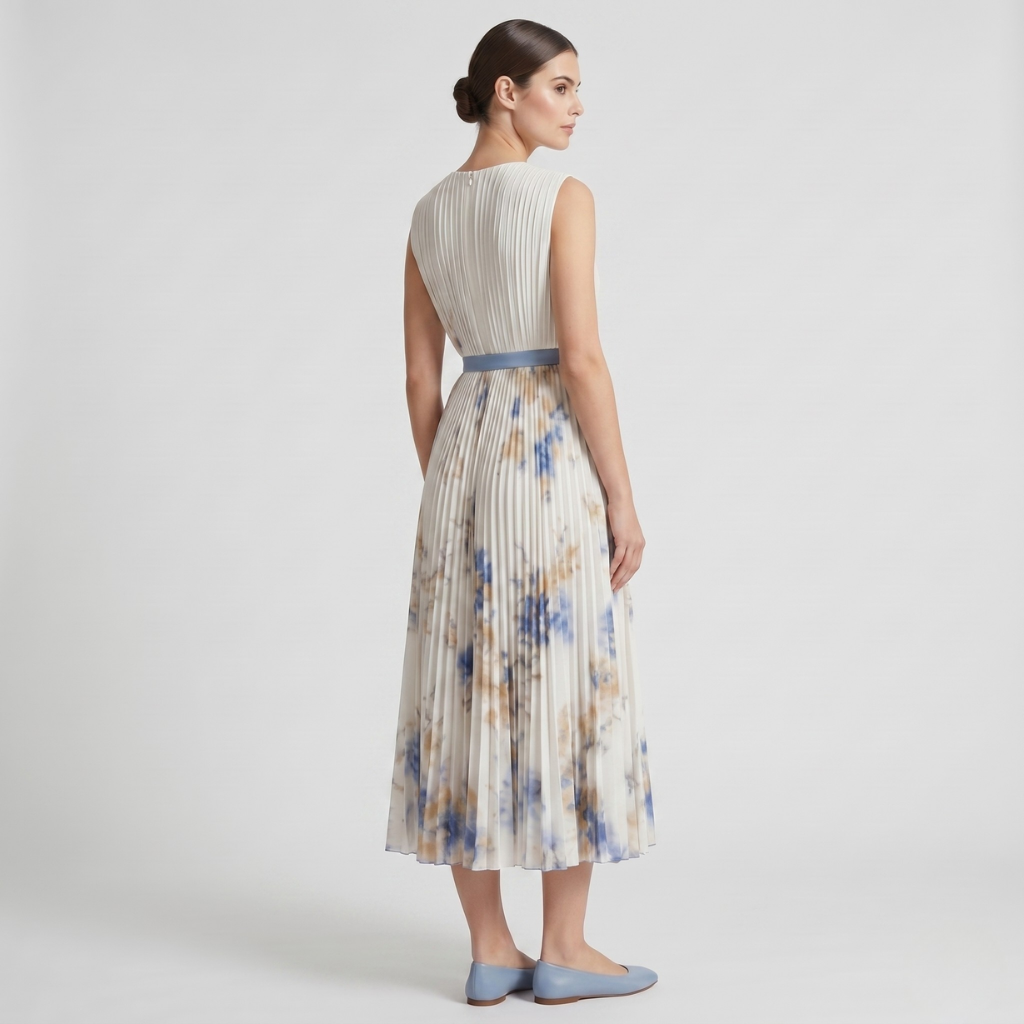 Aniela | Women's Pleated Midi Dress – Sweetheart Neckline and Floral Print