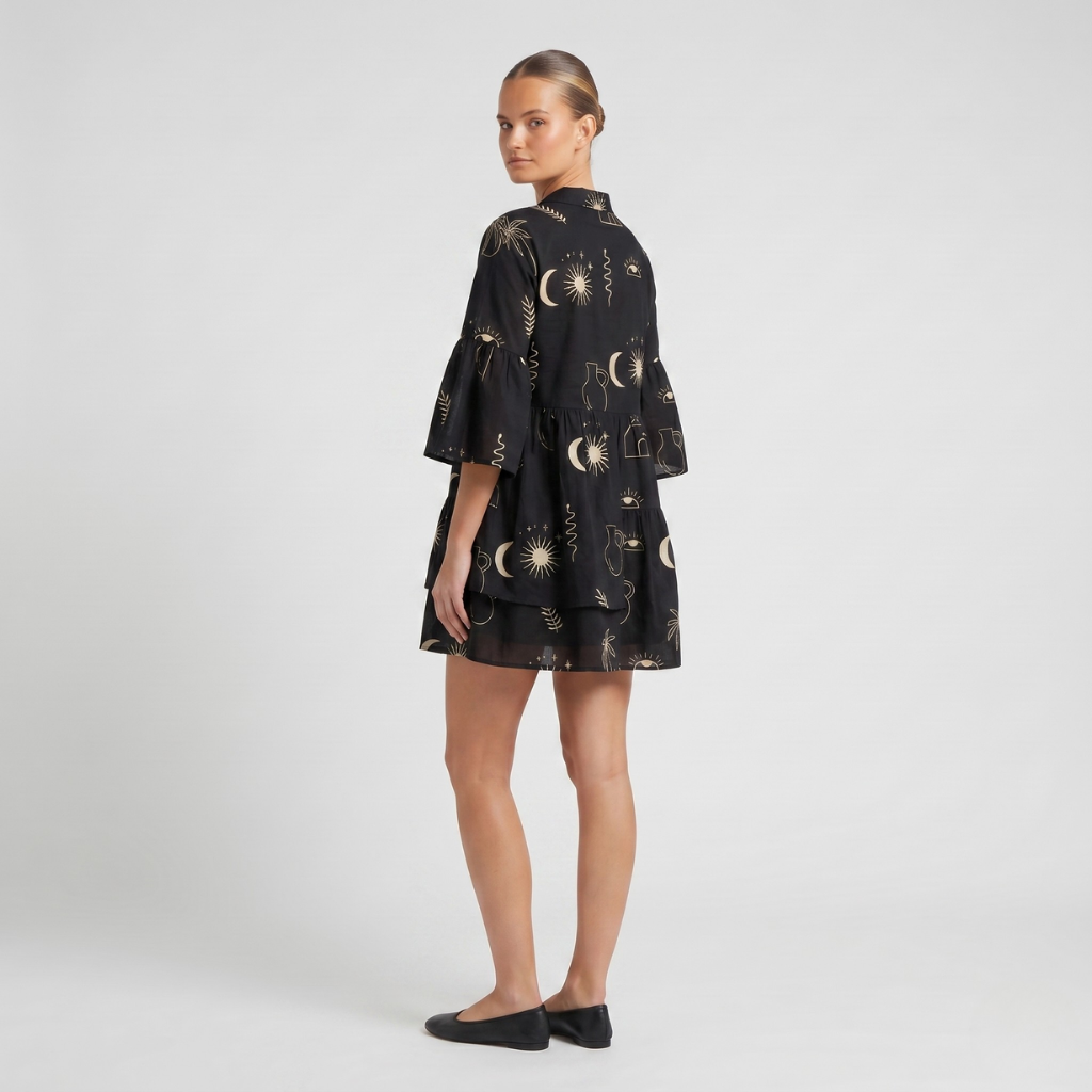 Women's Printed Dress – Loose Fit with Layered Hem and 3/4 Sleeve