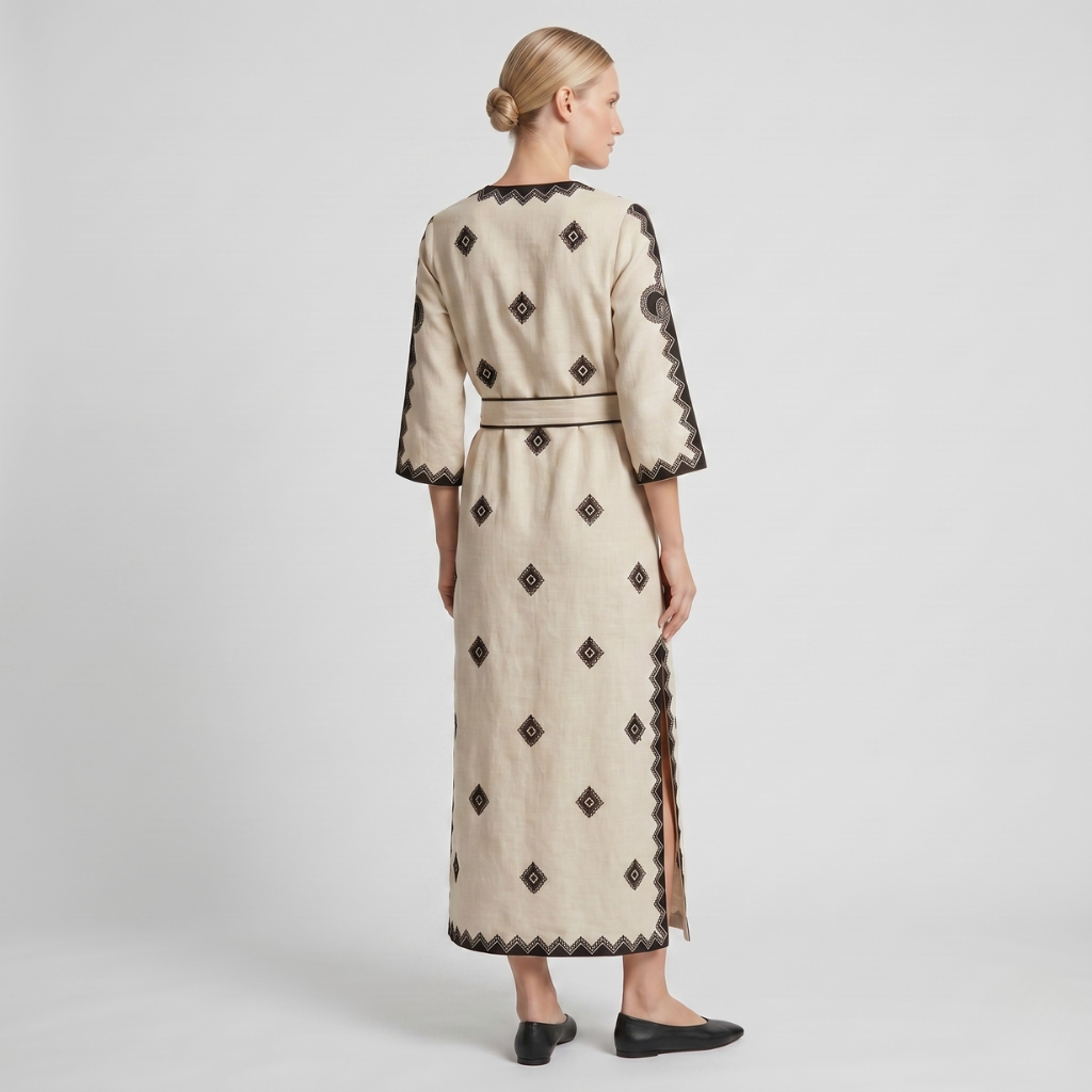 Women's Long Embroidered Dress – Waist Tie and 3/4 Sleeve