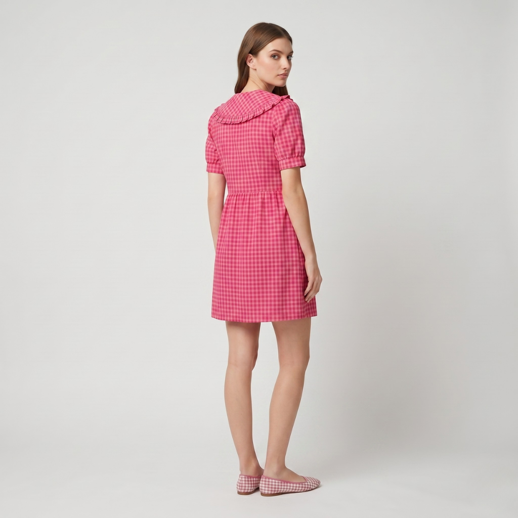 Pia | Women's Plaid Dress – Ruffle Collar and Short Sleeves