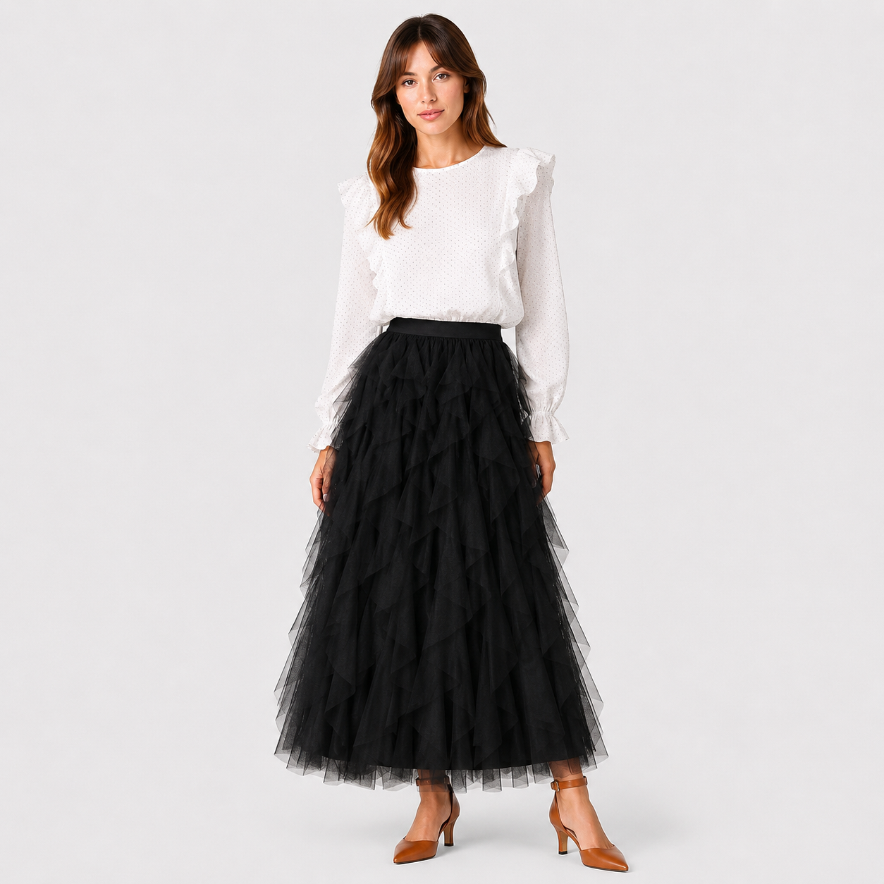 Małgorzata | Women's Long Skirt – Layered Design with Tulle Ruffles