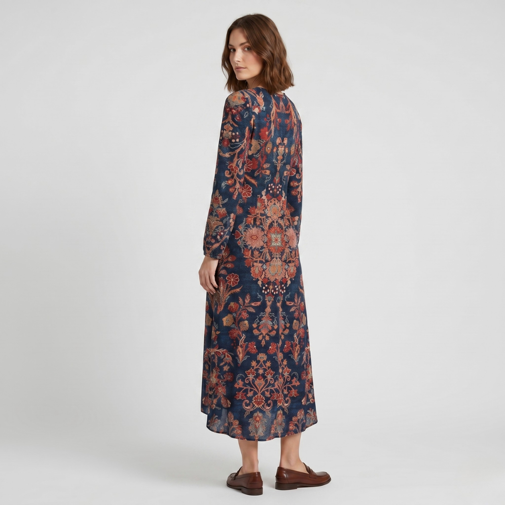 Kasia | Women's Printed Midi Dress – Sweetheart Neckline and Long Sleeves for Everyday Wear