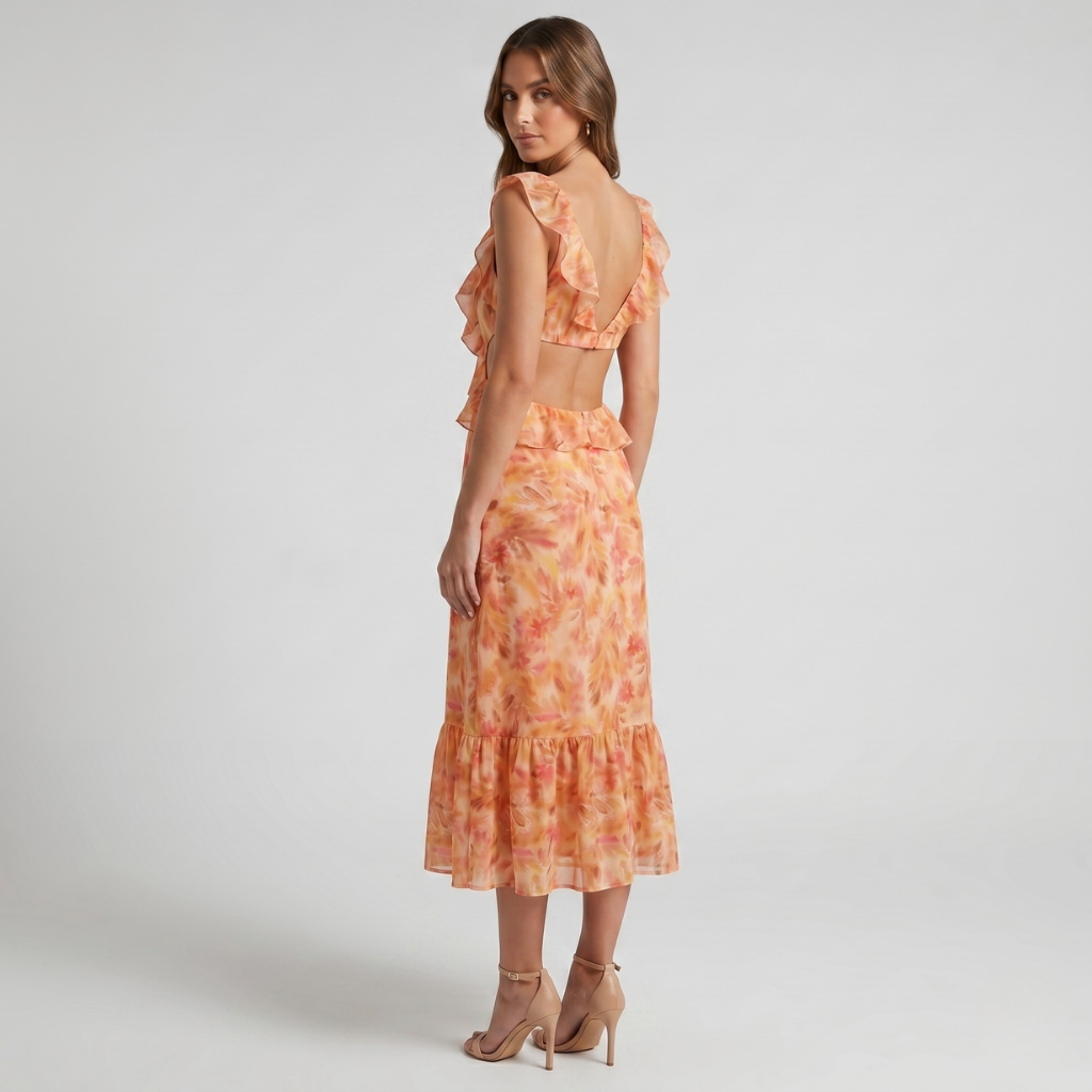 Irena | Women's Floral Midi Dress – Ruffles and Sweetheart Neckline for Summer