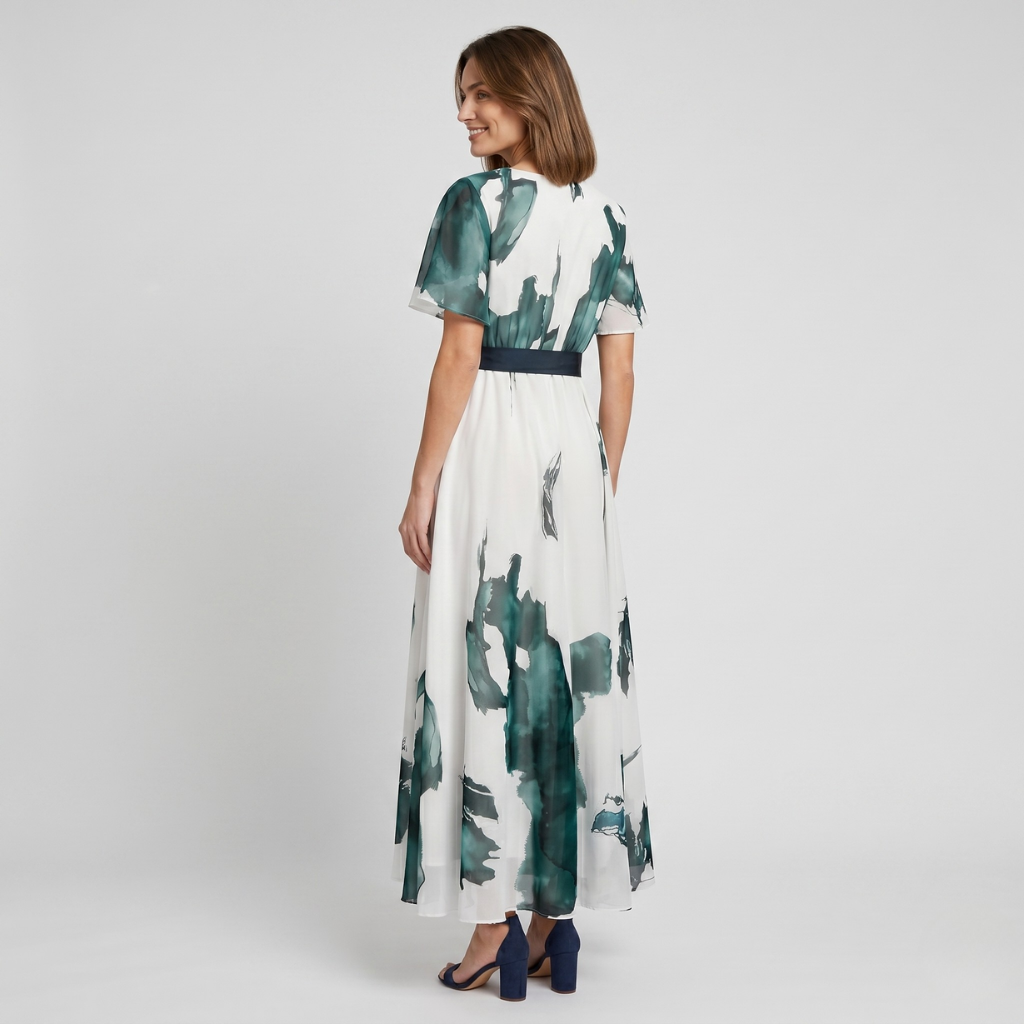 Danuta | Women's Maxi Dress with Print – Sweetheart Neckline and Waist Tie