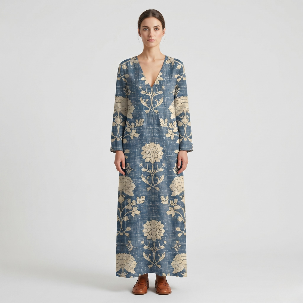 Kasia | Women's Printed Midi Dress – Sweetheart Neckline and Long Sleeves for Everyday Wear