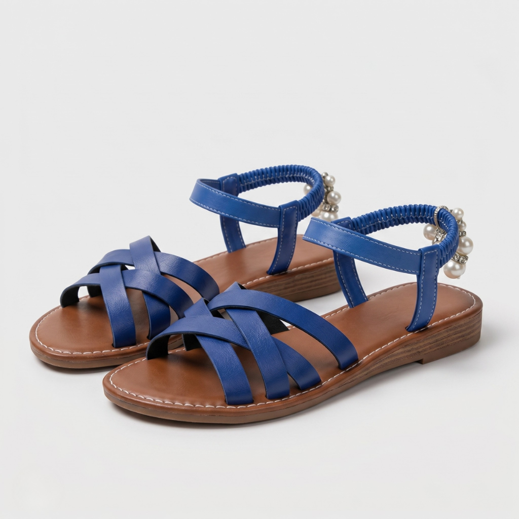 Shana | Women's Crossover Strap Sandals – Elastic Strap with Decorative Pearls