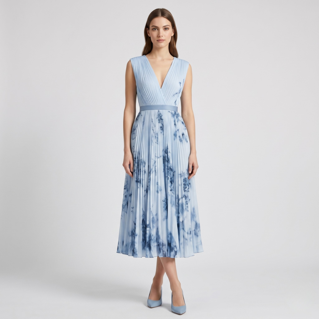 Aniela | Women's Pleated Midi Dress – Sweetheart Neckline and Floral Print