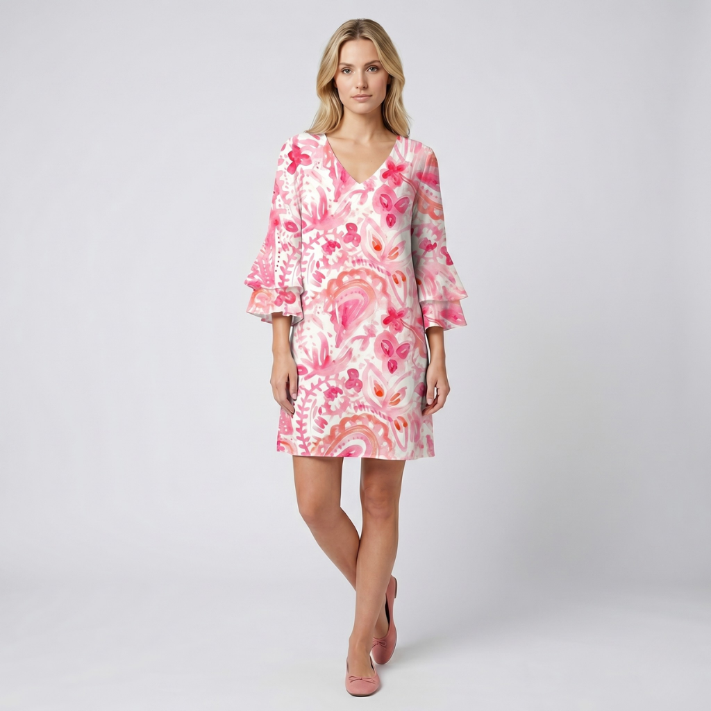 Diane | Women's Dress with Leaf Print – Sweetheart Neckline and 3/4 Sleeve