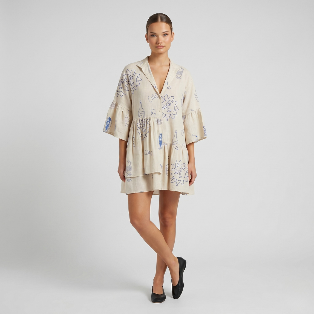 Women's Printed Dress – Loose Fit with Layered Hem and 3/4 Sleeve