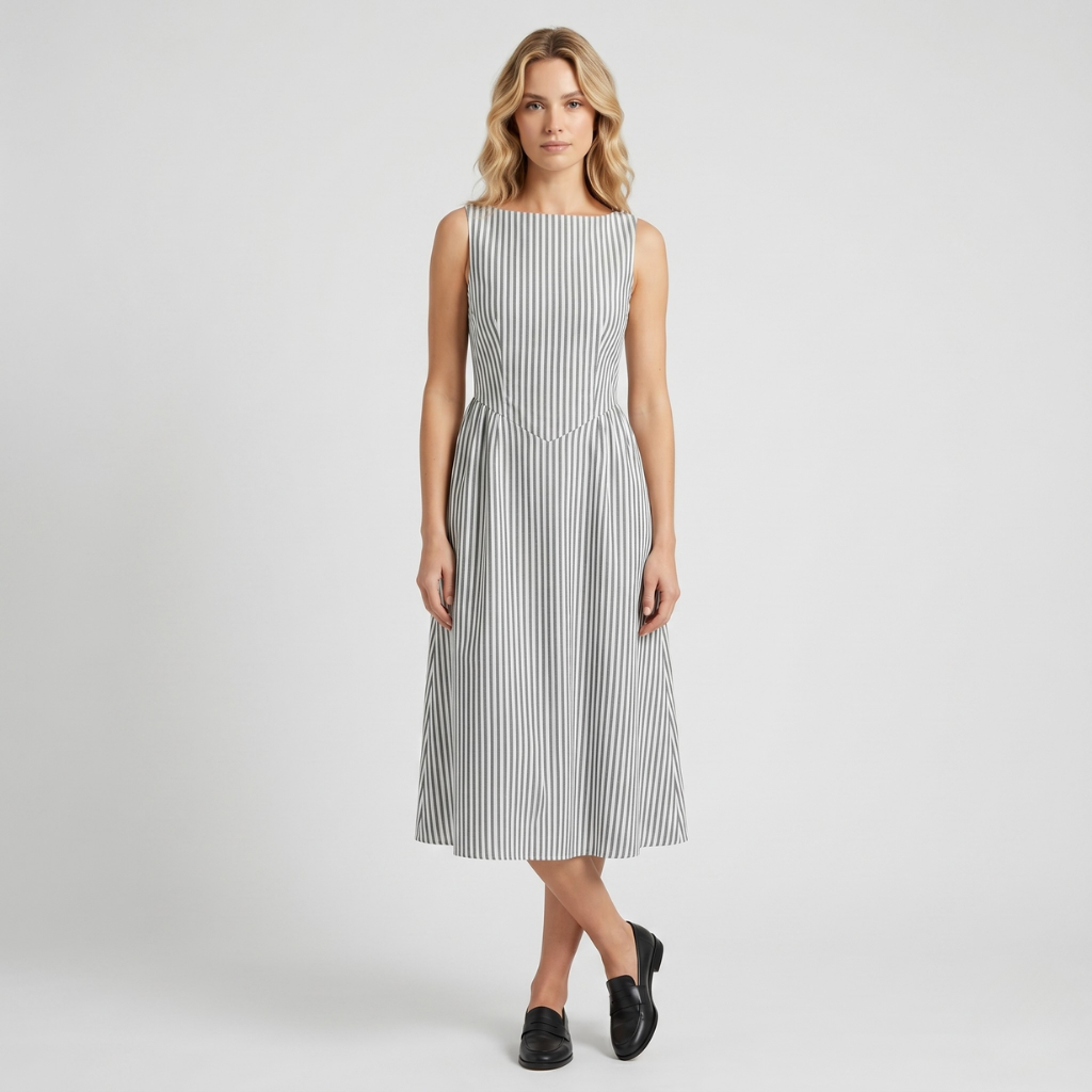 Nasha | Women's Striped Midi Dress – Sleeveless with Flared Hem