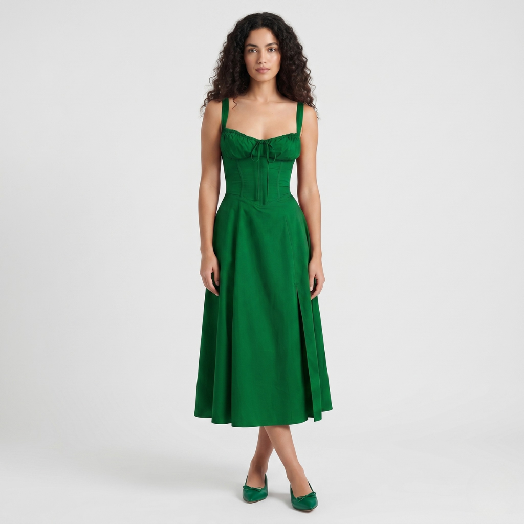 Alicja | Women's Midi Dress with Puff Sleeves – Square Neckline and Flared Cut