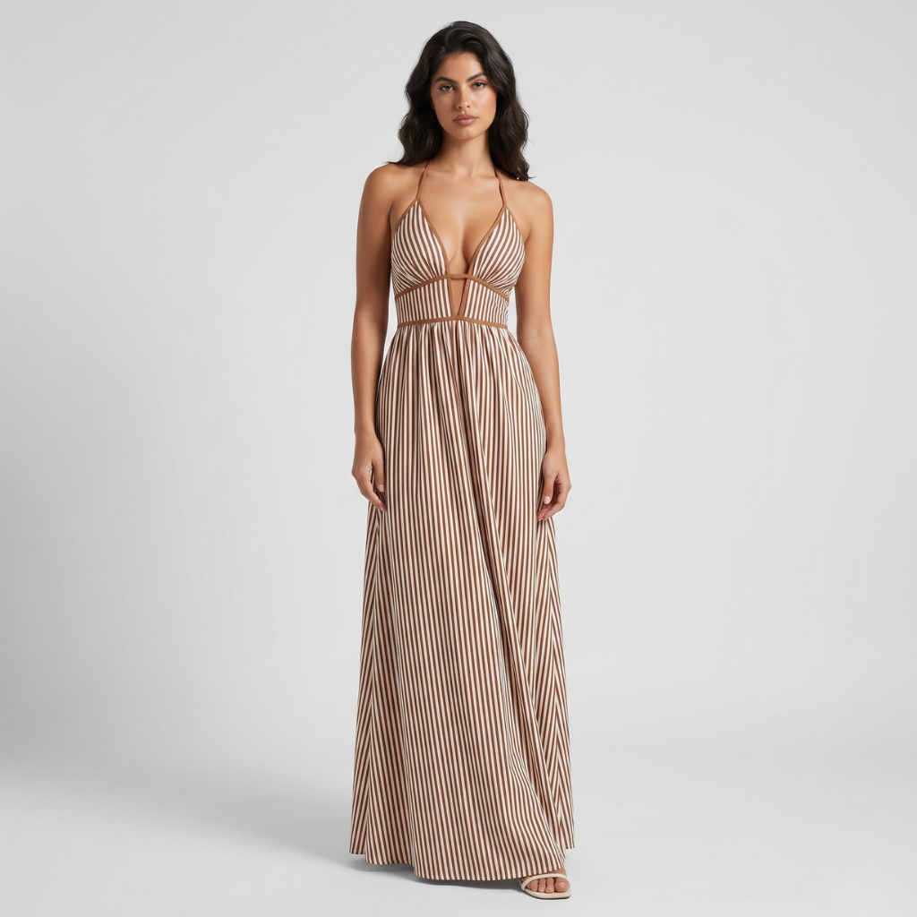 Maja | Women's Striped Maxi Dress – Halter Neckline and Light Summer Cut