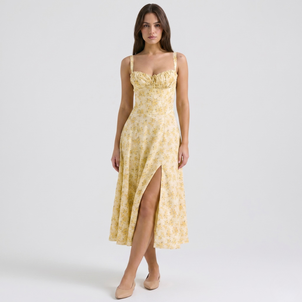 Alicja | Women's Midi Dress with Puff Sleeves – Square Neckline and Flared Cut
